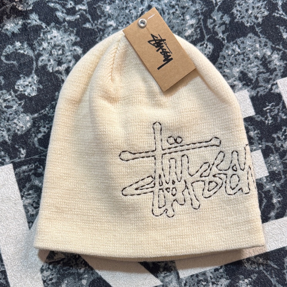 Stussy Cream Knit Beanie with Black Script Logo